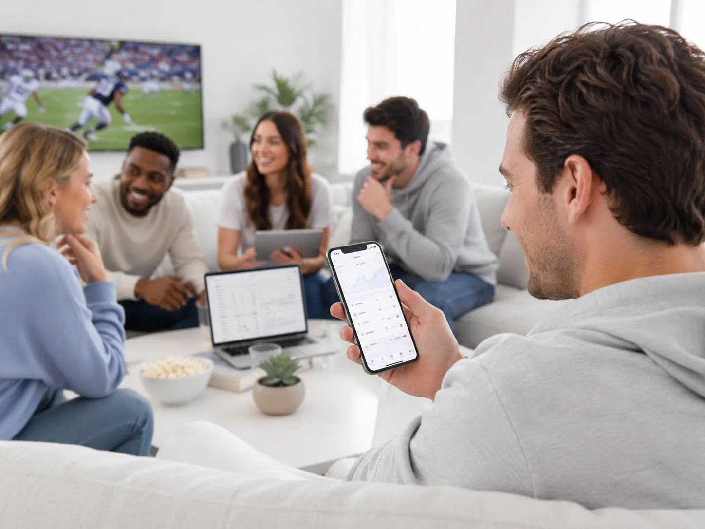 Friends watching a football game together while one of them checks the betting lines on his phone